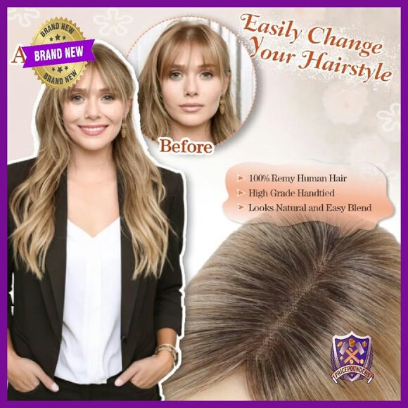 Real Human Hair Topper with Bangs for Thinning Hair - Clip In Hairpiece